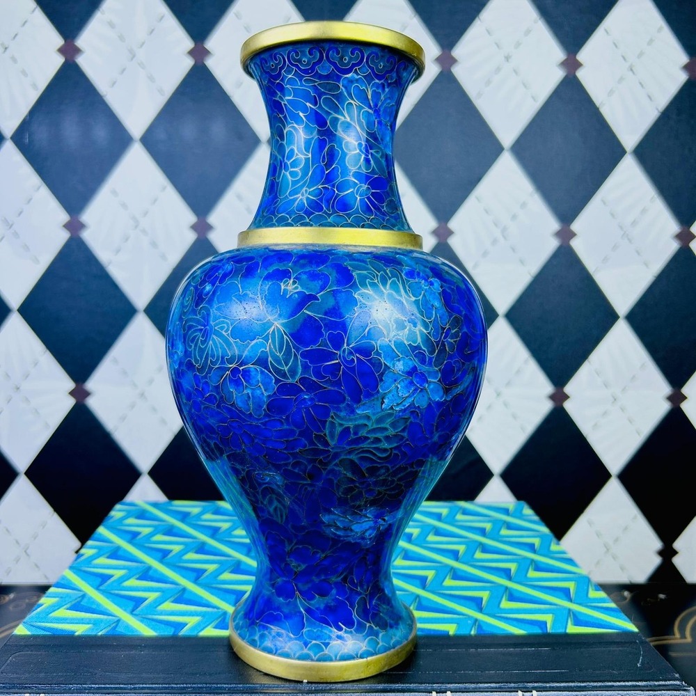 Large Blue Cloisonné 10" Floral Vase Brass Trim Vintage Elegance - Picture 6 of 10
